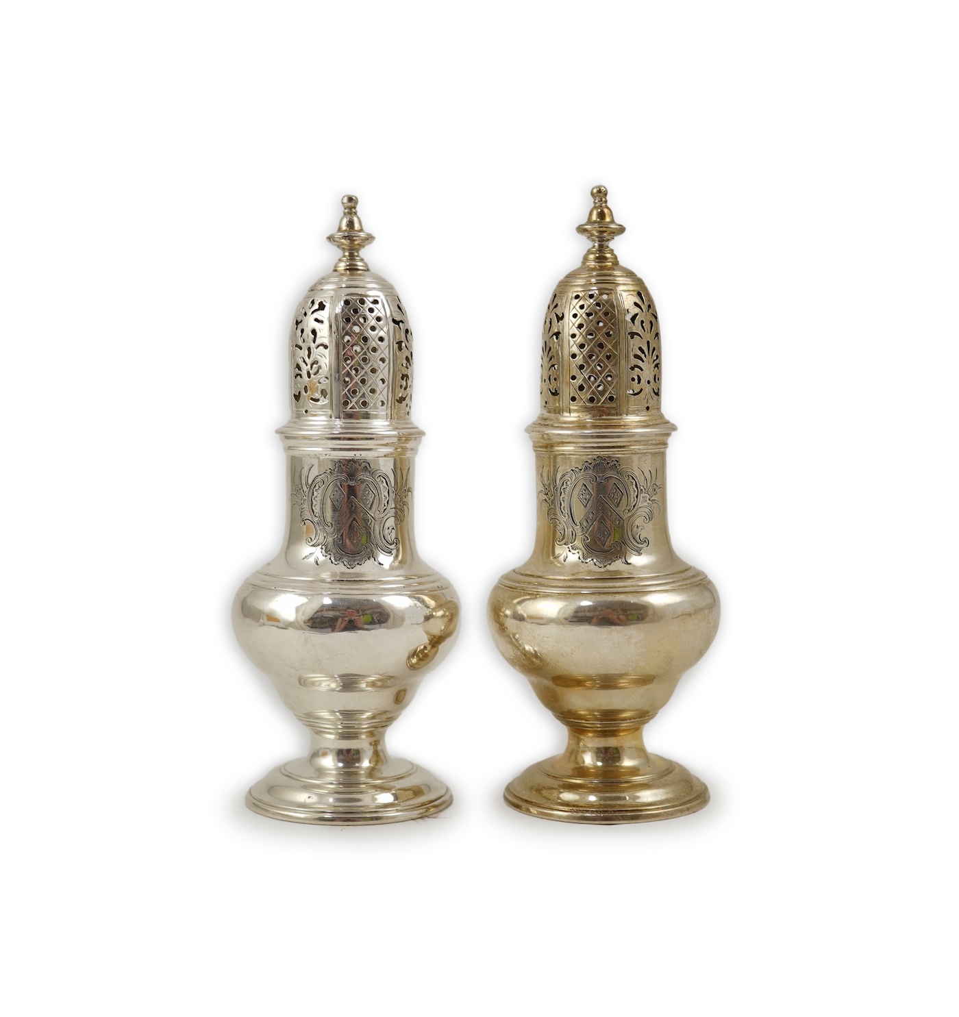 A pair of George II silver baluster sugar casters, by Samuel Wood